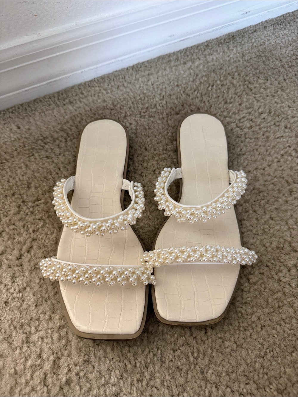 Amazon Pearl-Embellished Cream Slide Sandals